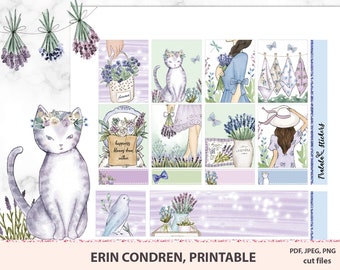 May include: A set of printable planner stickers featuring a lavender theme. The stickers include a cat, a woman in a lavender dress, a bouquet of lavender, and a jar of lavender. The text "Happiness blooms from within" is also included.