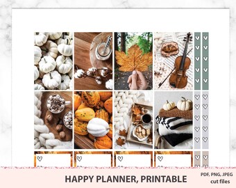 May include: A set of printable planner stickers featuring fall-themed images, including pumpkins, gourds, leaves, and cozy blankets. The stickers are designed for use with Happy Planners and other similar planners.