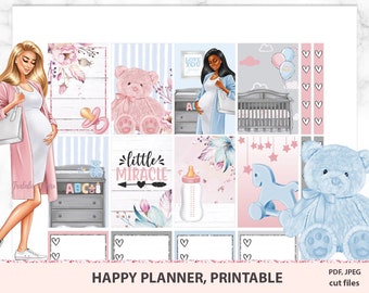 Maternity printable planner stickers for Happy planner Classic, mother to be weekly kit, New Arrival vertical, pregnant mum, New Baby set
