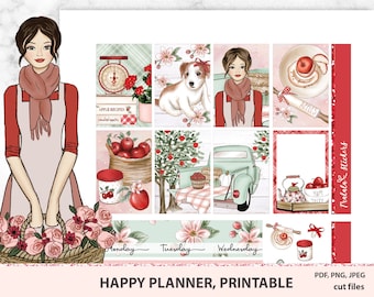 May include: A set of printable planner stickers featuring a red and white gingham pattern, apples, a vintage truck, a dog, and a woman in a red and white dress. The stickers are designed for use with Happy Planners.