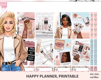 Self love weekly kit Classic Happy planner sticker kit printable MAMBI Make up addict, boss babe pastel planner set, Beauty Silhouette files