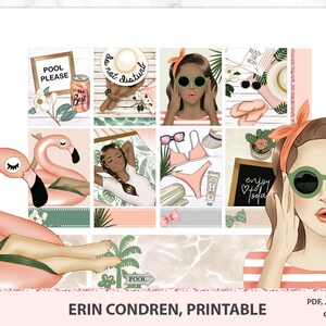 Op de afbeelding: Een set bedrukbare planner stickers met een zomerthema. De stickers bevatten illustraties van een flamingo zwemband, een vrouw die ontspant op een strandlaken, een vrouw met een zonnebril en een bord met de tekst "geniet van vandaag".