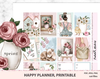 Op de afbeelding: Een set printbare planner stickers met een lentethema. De stickers bevatten afbeeldingen van bloemen, vogels, een lam en een vrouw die schildert. De tekst "lente" en "geniet van het leven" is ook inbegrepen.