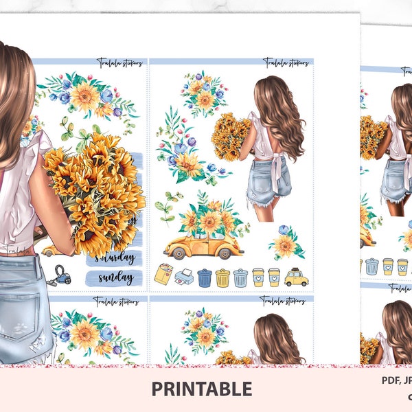 Sunflowers Stickers Printable, Floral Stickers, Fashion girls, Bullet Journal, Flowers, Decorative Set, Planner Stickers TN Digital kit