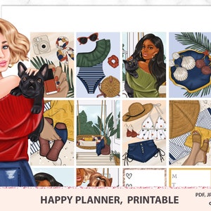 Naklejki do wydrukowania Pets Happy planner, wiosenny zestaw tygodniowy, widok pionowy, natychmiastowe pobieranie, zestaw Mambi, sylwetka, pliki Cricut PNG