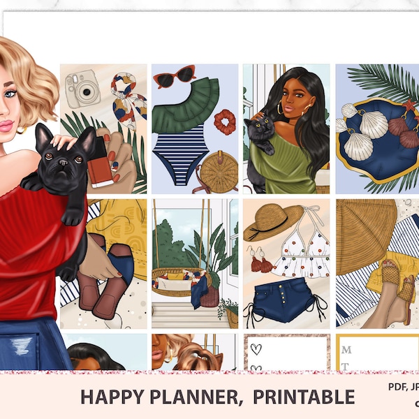 Pets Happy planner printable stickers, spring weekly kit, Vertical view, Instant download, Mambi kit, Silhouette, Cricut PNG files