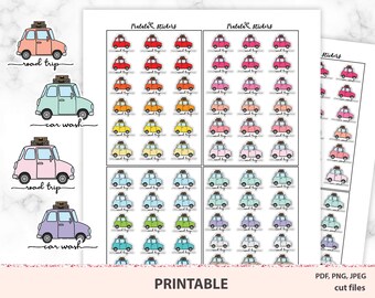May include: Printable stickers featuring a cartoon car with luggage on top. The stickers are in various colors, including red, pink, blue, green, yellow, and orange. The stickers have the text "road trip" and "car wash" on them.