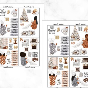 May include: A sheet of planner stickers with a winter theme. The stickers include illustrations of Christmas trees, mugs, gifts, and cozy figures. Text includes "It's the most wonderful time of the year" and days of the week.