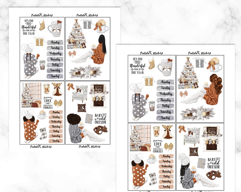 May include: A sheet of planner stickers with a winter theme. The stickers include illustrations of Christmas trees, mugs, gifts, and cozy figures. Text includes "It's the most wonderful time of the year" and days of the week.
