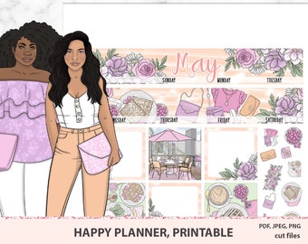 May Printable Monthly Kit Happy planner, April sticker kit printable with cut files, Silhouette stickers, Happy planner March monthly view