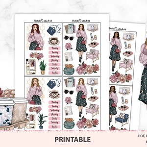 Adesivos de planejador de chefe de menina, diário de planejador feliz, conjunto para impressão de diário de bala com tema de moda, loira morena elegante e afro