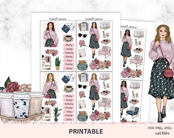 Girl boss planner stickers, Happy planner journaling, Bullet journal printable set with fashion theme, Fashionable brunette blond and Afro