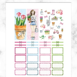 May include: A set of planner stickers featuring a woman with a watering can, flowers, a cat, a scooter, and other gardening themed illustrations. The stickers are on a white background with pink, blue, and green accents. The text "Let's do it" is visible on the sticker.
