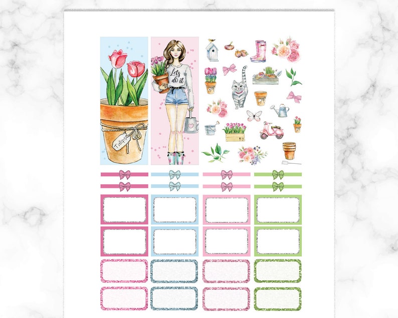 May include: A set of planner stickers featuring a woman with a watering can, flowers, a cat, a scooter, and other gardening themed illustrations. The stickers are on a white background with pink, blue, and green accents. The text "Let's do it" is visible on the sticker.