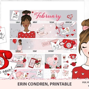 Druckbare FEBRUAR MONATLICHE Kit Erin Condren, Valentinstag Sticker, Liebe monatliche Ansicht druckbare Sticker, geschnitten E-Hand