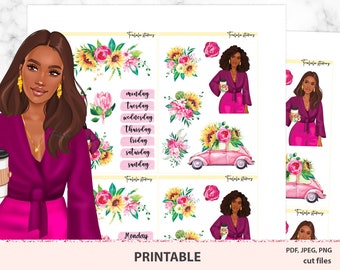Sunflowers printable planner stickers, Bright summer, downloadable sticker pack, weekly kit, cute planner girls, African American woman