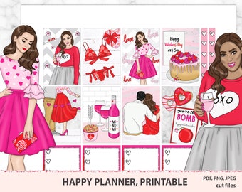 Valentine's day planner stickers for Happy planner Classic, printable weekly kit with cute girls, travelers journal stickers, scrapbook set