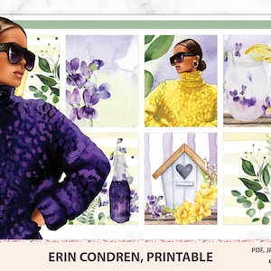 Erin Condren Planner Stickers Printable, Planer Sticker, Violette Jahreszeit, Lila Gelbe Aquarell Blumen, Digitaler Download Druckbares