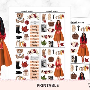 Fall Fashion Deco printable planner stickers pumpkin season decorative pack.Arfican American girl Downloadable PDF JPEG Silhouette cut files