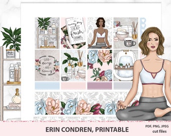Wellness weekly kit Erin Condren printable planner stickers, SPA therapy self care journal deco,me time yoga love bath beauty.Cut line files