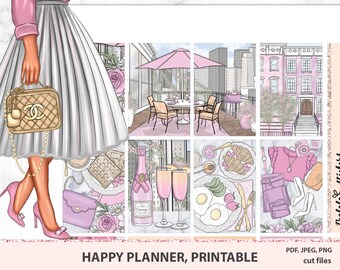 Gelukkige planner afdrukbare planner stickers, brunch, stickers met bloemen, wekelijkse planner sticker Ki, functionele set, cricut