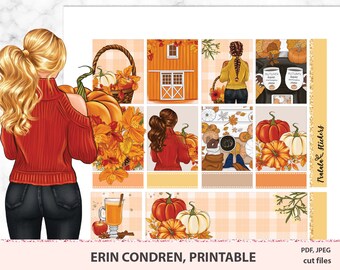 Happy fall Printable Planner Stickers, Erin Condren weekly kit, Notepad decotarion sheets, Pumpkin, Sunflowers, Silhouette Cut Files