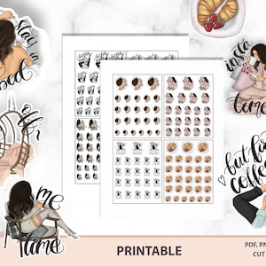 May include: Printable planner stickers featuring illustrations of women in various poses with text overlays like "Stay in bed", "Day off", "Me time", "Insta time", and "But first coffee".