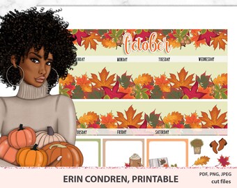 May include: A printable October calendar featuring a black woman with curly hair holding pumpkins. The calendar has a fall leaf design and includes the days of the week, Sunday through Saturday. The text "Erin Condren, Printable" and "PDF, PNG, JPEG cut files" is also included.