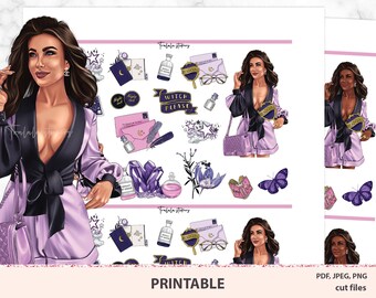Decoración imprimible del diario de balas de Halloween, Pegatinas espeluznantes púrpuras, Chicas de la moda, Conjunto decorativo Celestial Magic Stars, Kit digital