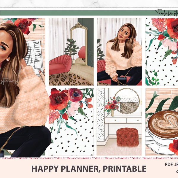 Printable Planner Stickers for Happy Planner Cliassic, Watercolor pack, Marsala red wine color flowers, Autumn  Fall Weekly Kit, Cricut PNG