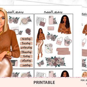 May include: Printable planner stickers featuring a woman with brown hair and a brown sweater and skirt, a cup of coffee, and a floral design. The stickers include the days of the week, Monday through Sunday.