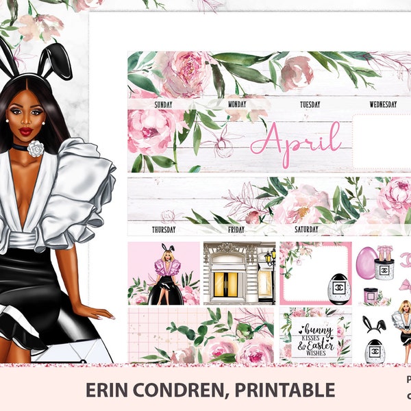 April Printable Monthly Kit Erin Condren, April monthly view stickers, Easter sticker kit, Fashion sticker, Fashionista, Boss lady stickers