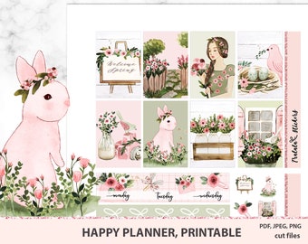 Welcome Spring Happy Planner Printable Stickers, Botanical set, Printable kit, Happy planner weekly, Silhouette files, organizer, notebook