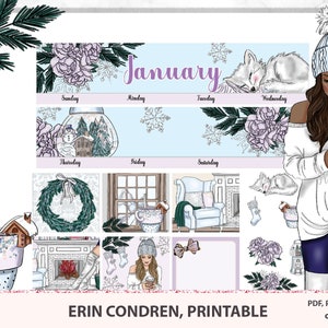 January 2021 monthly stickers Erin Condren life planner vertical view, printable monthly kit, snowing theme with cut files Cricut Silhouette