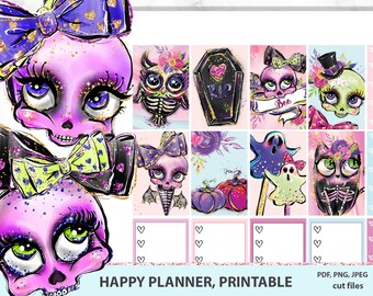 Halloween Printable Stickers for Happy Planner,Animals Skulls and Skeletons MAMBI Vertical Planner,weekly printable set Silhouette cut files