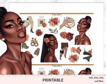 African American sticker kit, Happy planner journaling, Bullet journal printable stickers with fashion theme, Afro Planner sticker kit PNG