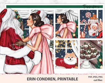 May include: A set of printable Christmas stickers featuring a woman in a pink dress with a large bow, a Santa Claus, a dog wearing a red sweater, a plate of chocolate desserts, and a mug of hot chocolate with a Santa Claus inside.