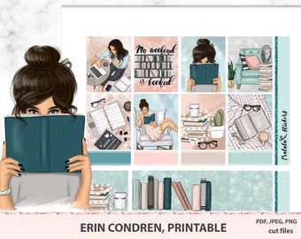 Bookworm Life Erin Condren Planner Stickers Printable, ECLP Watercolor Stickers, Weekly Kit, Silhouette cut files, PNG stickers DIY