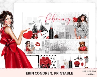 Printable February Monthly Kit Erin Condren, ECLP monthly view stickers with cute girls, February printable kit with cut files, Silhouette