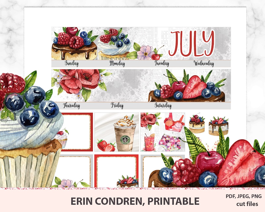 Erin Condren Monthly Printable Stickers for July With Florals and Fruts ...