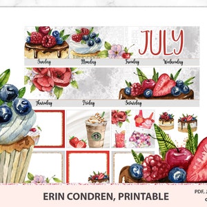 Erin Condren monatliche druckbare Aufkleber für Juli mit Blumen und Früchten, druckbare monatliche Kit, Erin Condren Juni druckbare, Juli monatlich