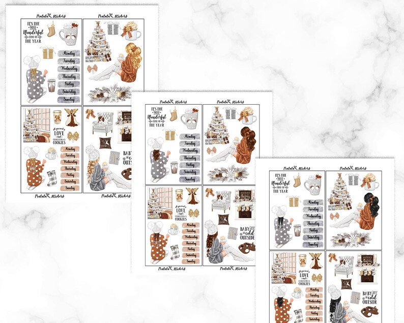 May include: Sheets of planner stickers with a winter theme. The stickers feature illustrations of Christmas trees, mugs, gifts, and cozy figures. Text includes "It's the most wonderful time of the year" and days of the week.