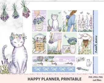 Autocollants de planificateur imprimables De Lavender Bloom, kit de planificateur heureux, autocollants hebdomadaires de planificateur, ensemble floral, chats, fleurs d’aquarelle, fichiers de silhouette