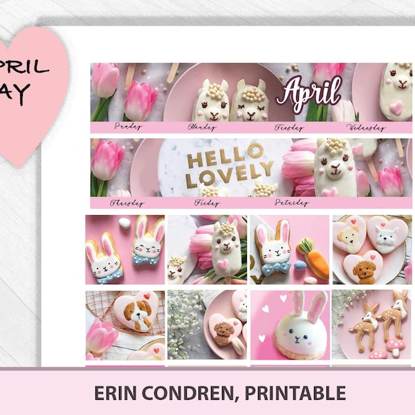 April Monthly Kit, May Printable Planner Stickers 2019, Cute lama bunny tulips photography set for Erin Condren vertical/horizontal