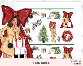 May include: Printable Christmas stickers featuring a woman in a gold dress with a red bow, a Christmas tree, and a gift box. The stickers are perfect for adding a festive touch to your planner, journal, or other crafts.