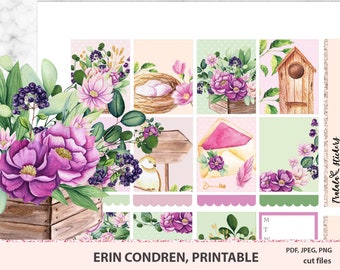 May include: A set of printable planner stickers featuring a floral theme with purple, pink, and green flowers, birds, and a birdhouse. The stickers are designed for use in Erin Condren planners.