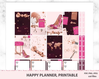 Rose gold Happy planner stickers printable, MAMBI classic weekly kit, fashion themed weekly spread, traveler's notebook Silhouette cut files