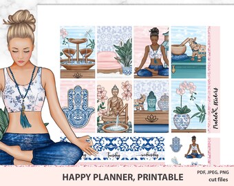 Meditazione Happy Planner Adesivi Stampabili, Kit adesivo settimanale, pacchetto adesivi digitali, fiori ad acquerello Sakura, palestra, file tagliati silhouette