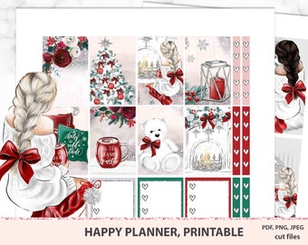 Christmas vibes Printable Happy Planner Stickers MAMBI weekly kit for Xmas, vertical winter stickers travelers journal Silhouette cut files