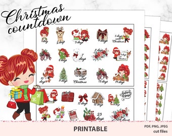 Christmas countdown planner stickers printable, Xmas printable deco stickers,decorative weekly kit for bullet journals Downloadable PDF PNG